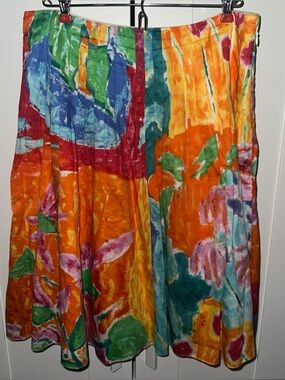 LRL Ralph Lauren Women’s  A-Line Watercolor Floral Abstract Pleated Cotton Sz 8